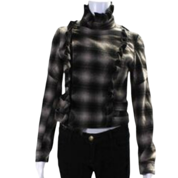 Anthropologie Jackets & Blazers - Dallin chase black cream shadow plaid ruffled jacket wool silk small